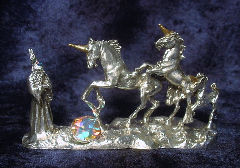 pewter mystical unicorns and wizard